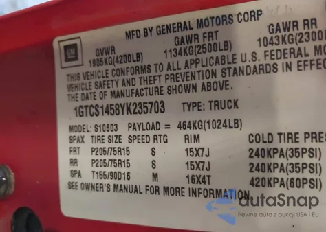 2000 GMC Sonoma Sls z USA, uszkodzony, nr VIN 1GTCS1458YK235703